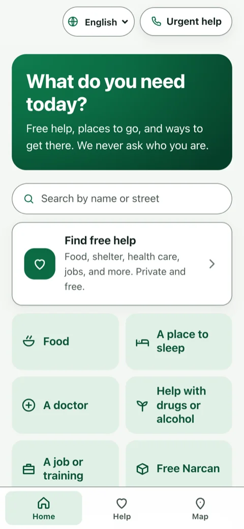 313 Help's home screen: 'What do you need today?', a search box, and buttons for food, a place to sleep, a doctor, help with drugs or alcohol, jobs and free Narcan.