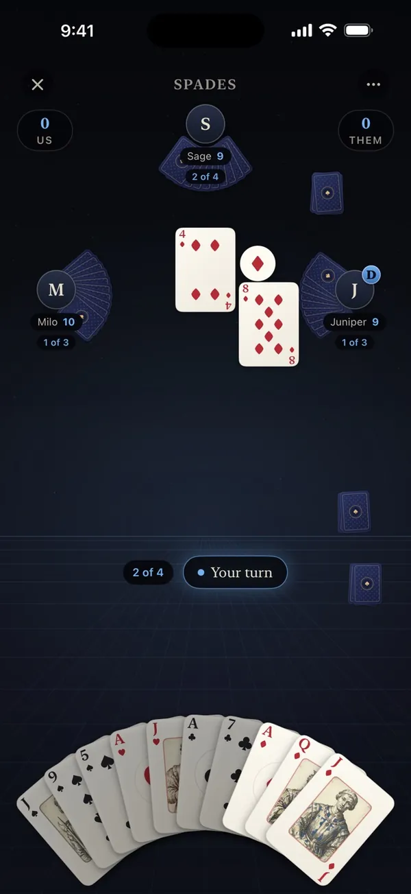 Dealer's Choice on iPhone: a game of Spades in progress, the player's hand fanned along the bottom.